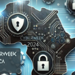 Futuristic representation of CyberWeek Africa 2024 with digital security icons like padlocks and network lines.