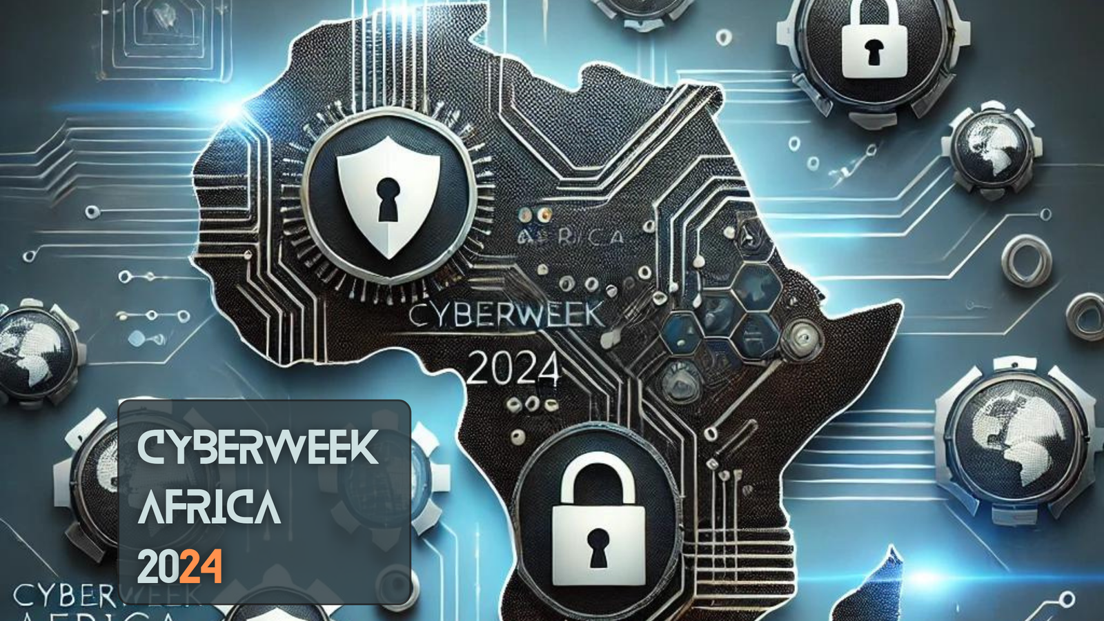 Futuristic representation of CyberWeek Africa 2024 with digital security icons like padlocks and network lines.